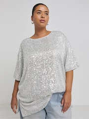 Simply Be Silver Oversized Linear Sequin T-Shirt - Image 1 of 4