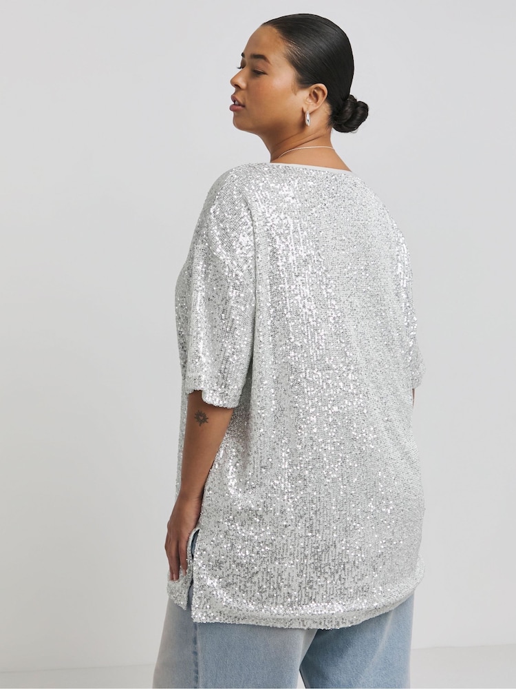 Simply Be Silver Oversized Linear Sequin T-Shirt - Image 2 of 4