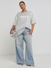 Simply Be Silver Oversized Linear Sequin T-Shirt - Image 3 of 4