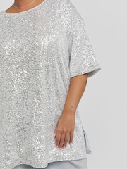 Simply Be Silver Oversized Linear Sequin T-Shirt - Image 4 of 4