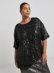 Simply Be Black Oversized Linear Sequin T-Shirt - Image 1 of 4