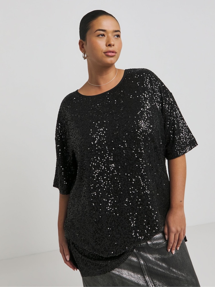 Simply Be Black Oversized Linear Sequin T-Shirt - Image 1 of 4 Simply Be Black Oversized Linear Sequin T-Shirt - Image 1 of 4