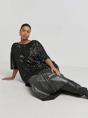 Simply Be Black Oversized Linear Sequin T-Shirt - Image 3 of 4