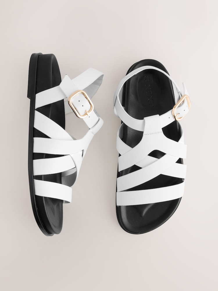 White Leather Cross Strap Footbed Sandals - Image 1 of 5