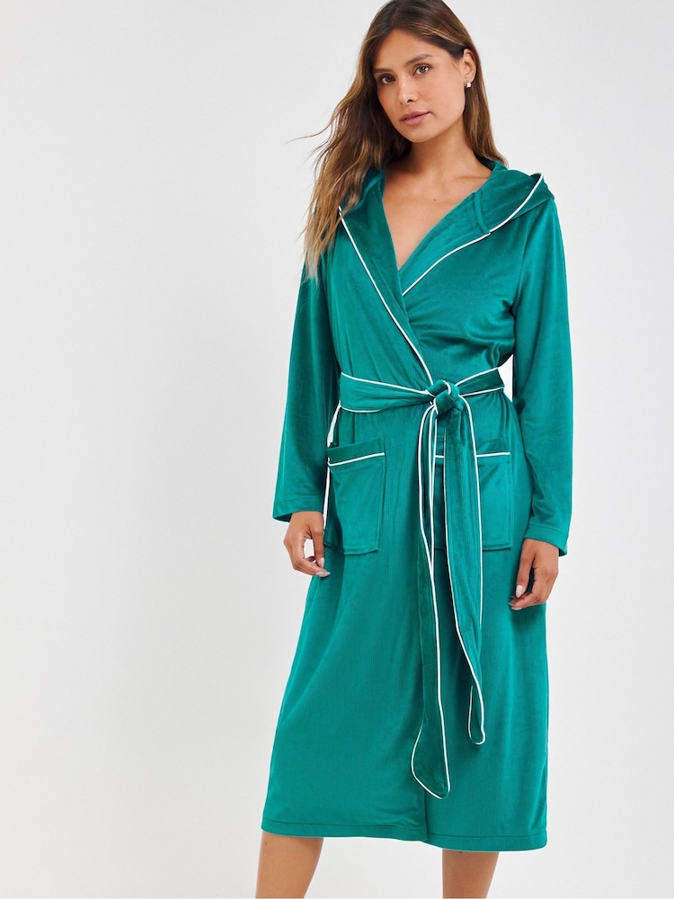Simply Be Teal Pretty Secrets Ribbed Velour Maxi Dressing Gown - Image 1 of 4
