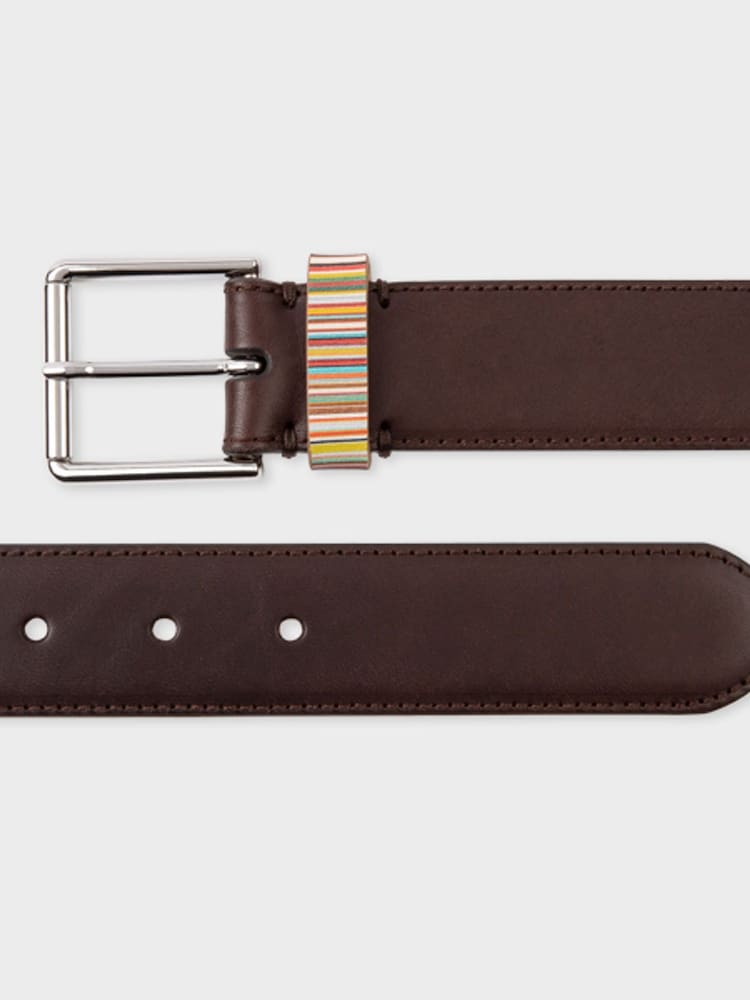 Brązowy - PS Paul Smith Signature Stripe Leather Belt - Image 4 of 6
