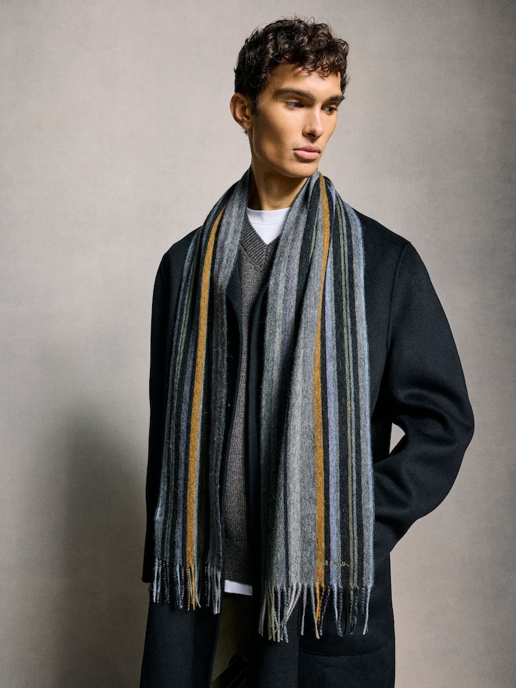 PS Paul Smith Navy Wool Zebra Print Logo Scarf - Image 1 of 8 PS Paul Smith Navy Wool Zebra Print Logo Scarf - Image 1 of 8