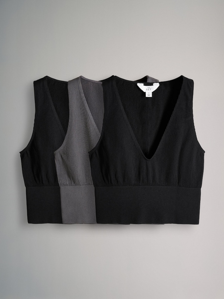 The Set Black/Grey Seamless Ribbed Crop Tops 3 Pack - Image 2 of 10