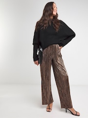 JD Williams Bronze Plisse Foil Wide Leg Pull On Trousers - Image 1 of 4