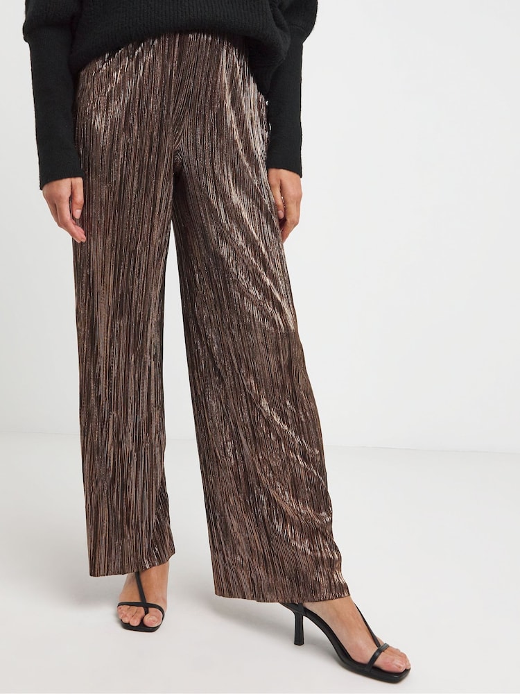 JD Williams Bronze Plisse Foil Wide Leg Pull On Trousers - Image 2 of 4