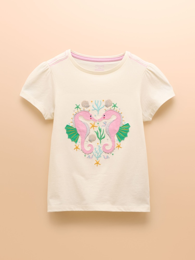 Joules Astra Cream Seahorse Applique Cotton T-Shirt - Image 1 of 4 Joules Astra Cream Seahorse Applique Cotton T-Shirt - Image 1 of 4
