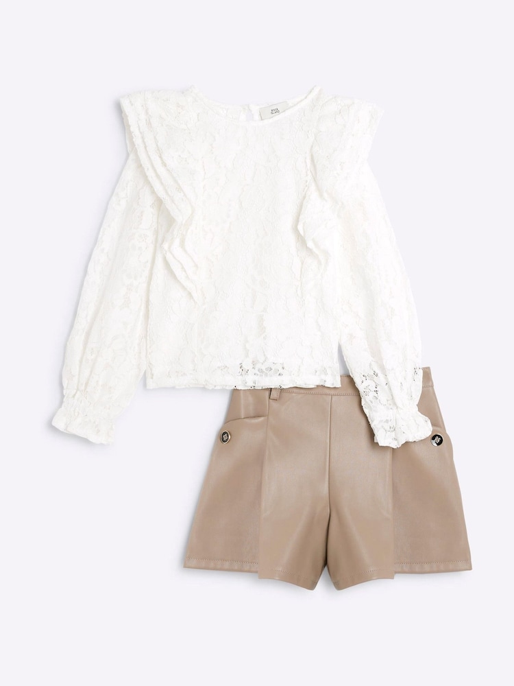 River Island Cream Girls Lace Top And Shorts Set - Image 1 of 5 River Island Cream Girls Lace Top And Shorts Set - Image 1 of 5
