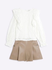 River Island Cream Girls Lace Top And Shorts Set - Image 3 of 5