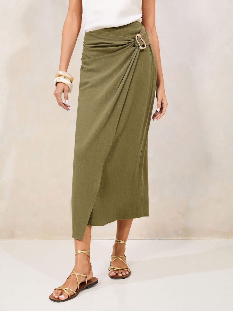 Lipsy Khaki Green Petite Touch of Linen Wrap Midi Skirt - Image 1 of 4