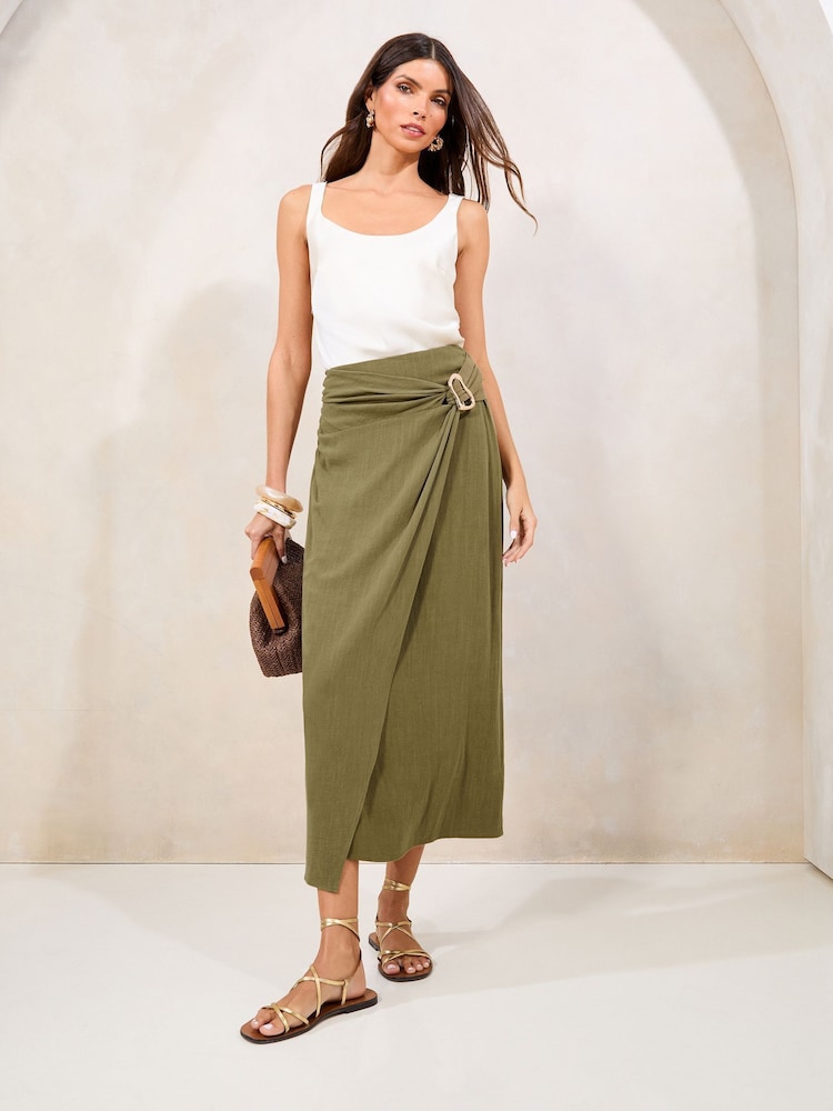 Lipsy Khaki Green Petite Touch of Linen Wrap Midi Skirt - Image 4 of 4