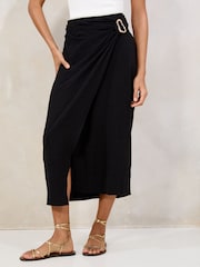 Lipsy Black Petite Touch of Linen Wrap Midi Skirt - Image 1 of 4