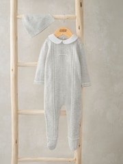 Mamas & Papas Grey Rib and Pearl Knitted 100% Cotton Sleepsuit with Hat - Image 1 of 2
