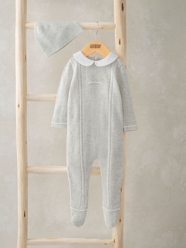 Mamas & Papas Grey Rib and Pearl Knitted 100% Cotton Sleepsuit with Hat - Image 1 of 2