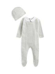 Mamas & Papas Grey Rib and Pearl Knitted 100% Cotton Sleepsuit with Hat - Image 2 of 2