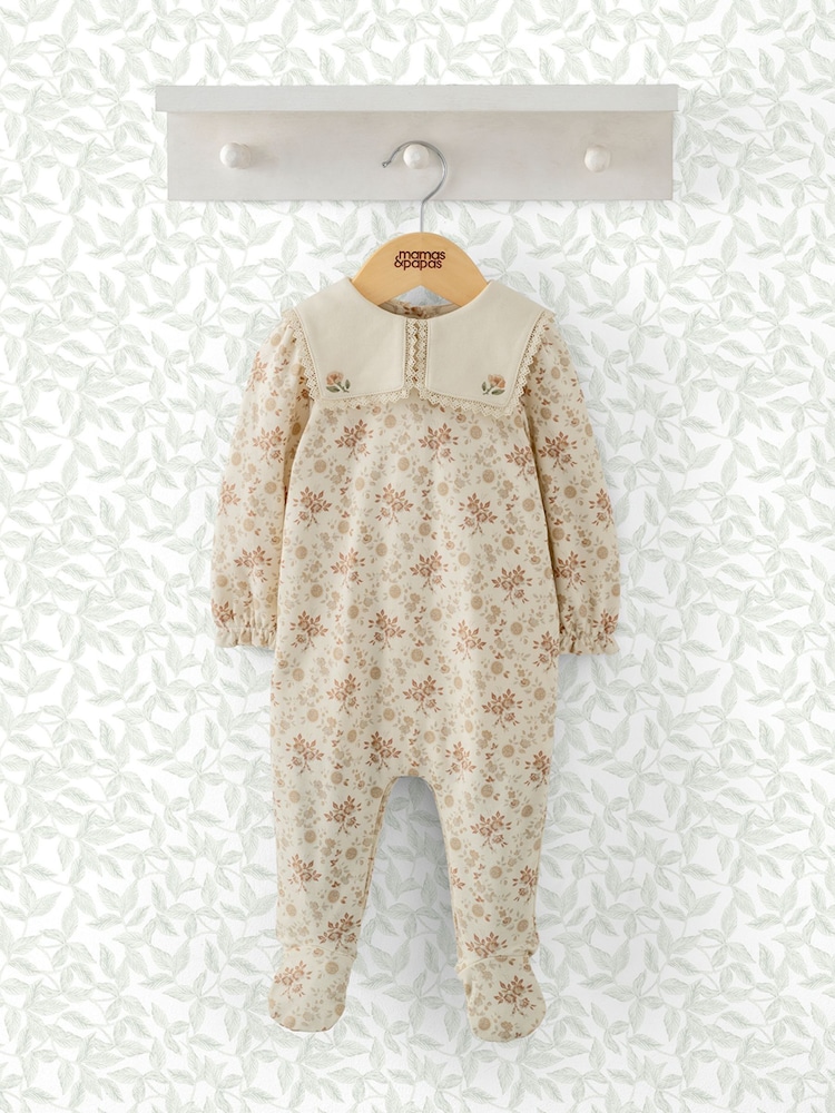 Mamas & Papas Cream 100% Cotton Autumn Floral Print Sailor Collar Sleepsuit - Image 1 of 3