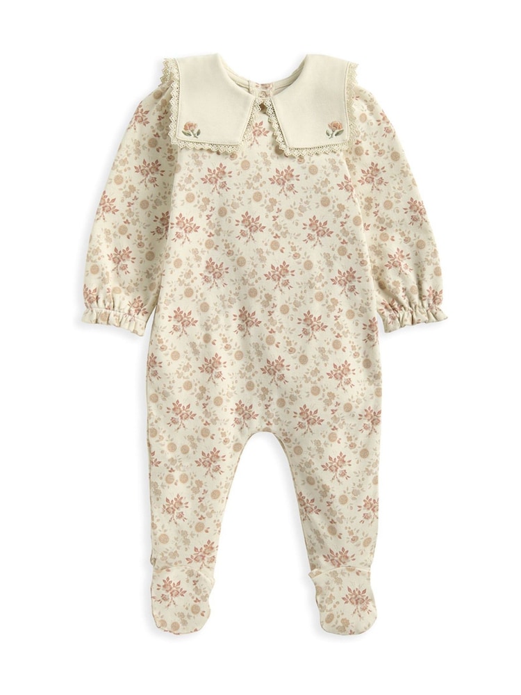 Mamas & Papas Cream 100% Cotton Autumn Floral Print Sailor Collar Sleepsuit - Image 2 of 3