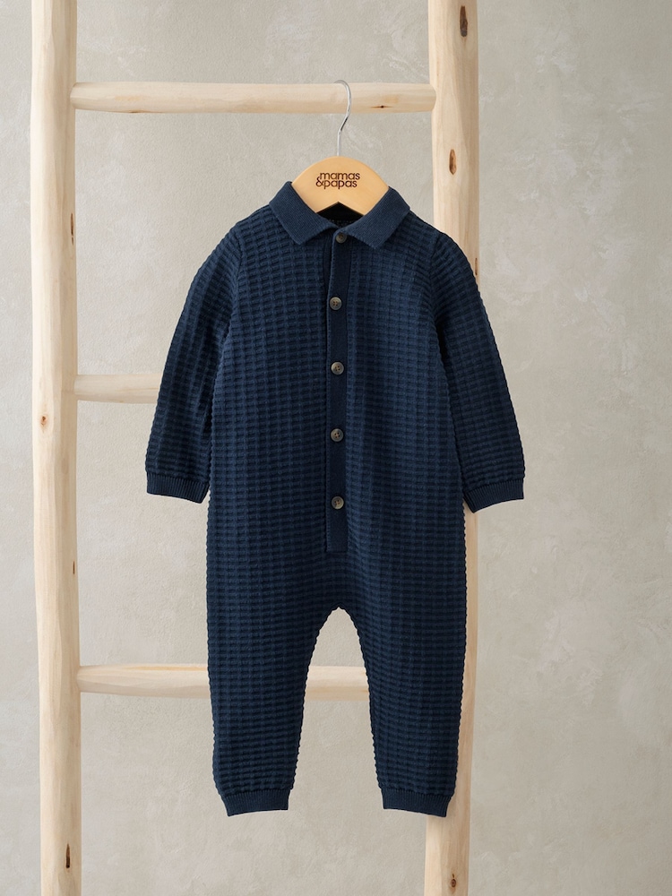 Mamas & Papas Blue Knitted 100% Cotton Romper - Image 1 of 3
