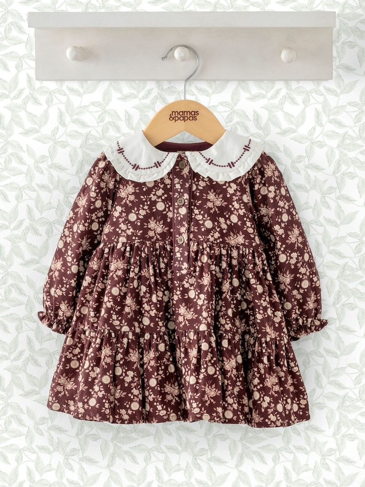 Mamas & Papas Autumn Floral Print Peter Pan Collar 100% Cotton Brown Dress - Image 1 of 3