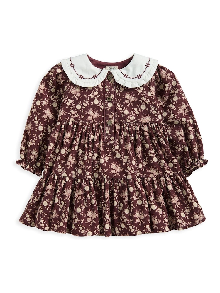 Mamas & Papas Autumn Floral Print Peter Pan Collar 100% Cotton Brown Dress - Image 2 of 3