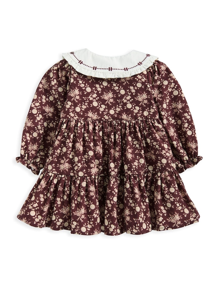 Mamas & Papas Autumn Floral Print Peter Pan Collar 100% Cotton Brown Dress - Image 3 of 3