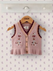 Mamas & Papas Pink Floral Print Embroidered Knitted 100% Cotton Waistcoat - Image 1 of 3