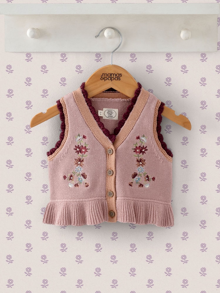 Mamas & Papas Pink Floral Print Embroidered Knitted 100% Cotton Waistcoat - Image 1 of 3