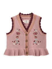Mamas & Papas Pink Floral Print Embroidered Knitted 100% Cotton Waistcoat - Image 2 of 3