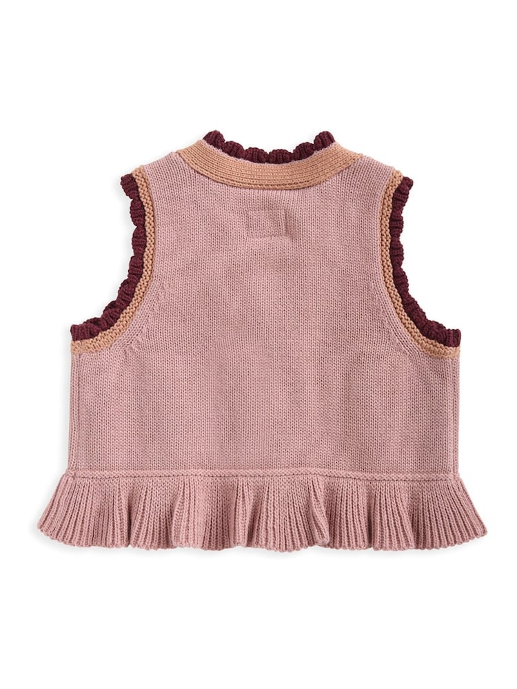 Mamas & Papas Pink Floral Print Embroidered Knitted 100% Cotton Waistcoat - Image 3 of 3