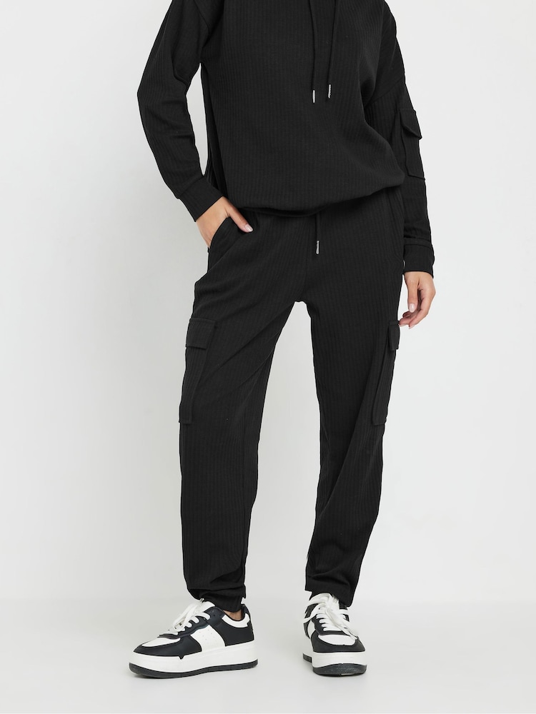 PixieGirl Petite Black Cargo Ribbed Joggers - Image 2 of 6