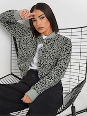 PixieGirl Petite Grey Animal Print Sweat Bomber Jacket - Image 1 of 6