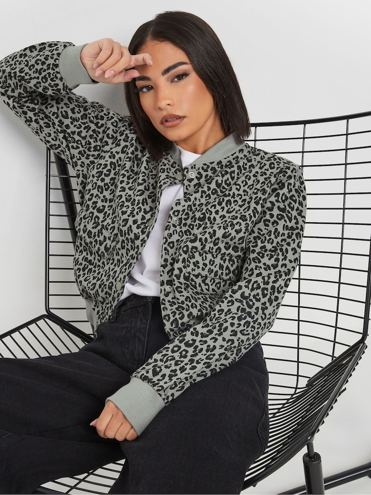 PixieGirl Petite Grey Animal Print Sweat Bomber Jacket - Image 1 of 6