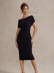 Club L London Black Rayleigh Bardot Ruched Midi Dress - Image 3 of 5