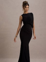 Club L London Black Paphos Draped Sleeveless Maxi Dress - Image 1 of 7