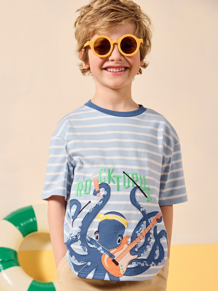 Joules Archie Blue/White Cotton Short Sleeve Applique T-Shirt - Image 1 of 6