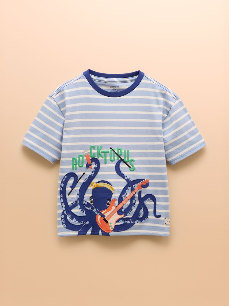 Joules Archie Blue/White Cotton Short Sleeve Applique T-Shirt - Image 3 of 6