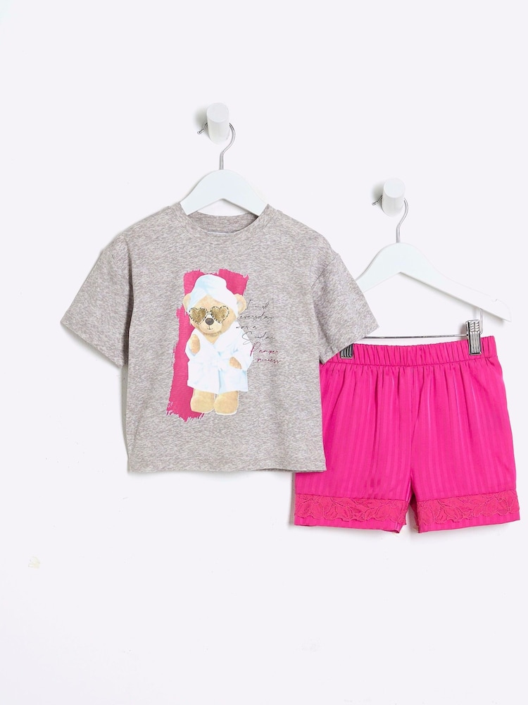 River Island Pink Girls Teddy Satin Mix Pyjamas - Image 1 of 10