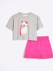 River Island Pink Girls Teddy Satin Mix Pyjamas - Image 10 of 10