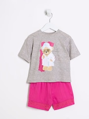 River Island Pink Girls Teddy Satin Mix Pyjamas - Image 5 of 10