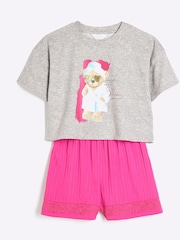 River Island Pink Girls Teddy Satin Mix Pyjamas - Image 9 of 10