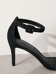 Black Signature Premium Leather Round Toe Buckle Detail Mid Simple Sandals - Image 9 of 10