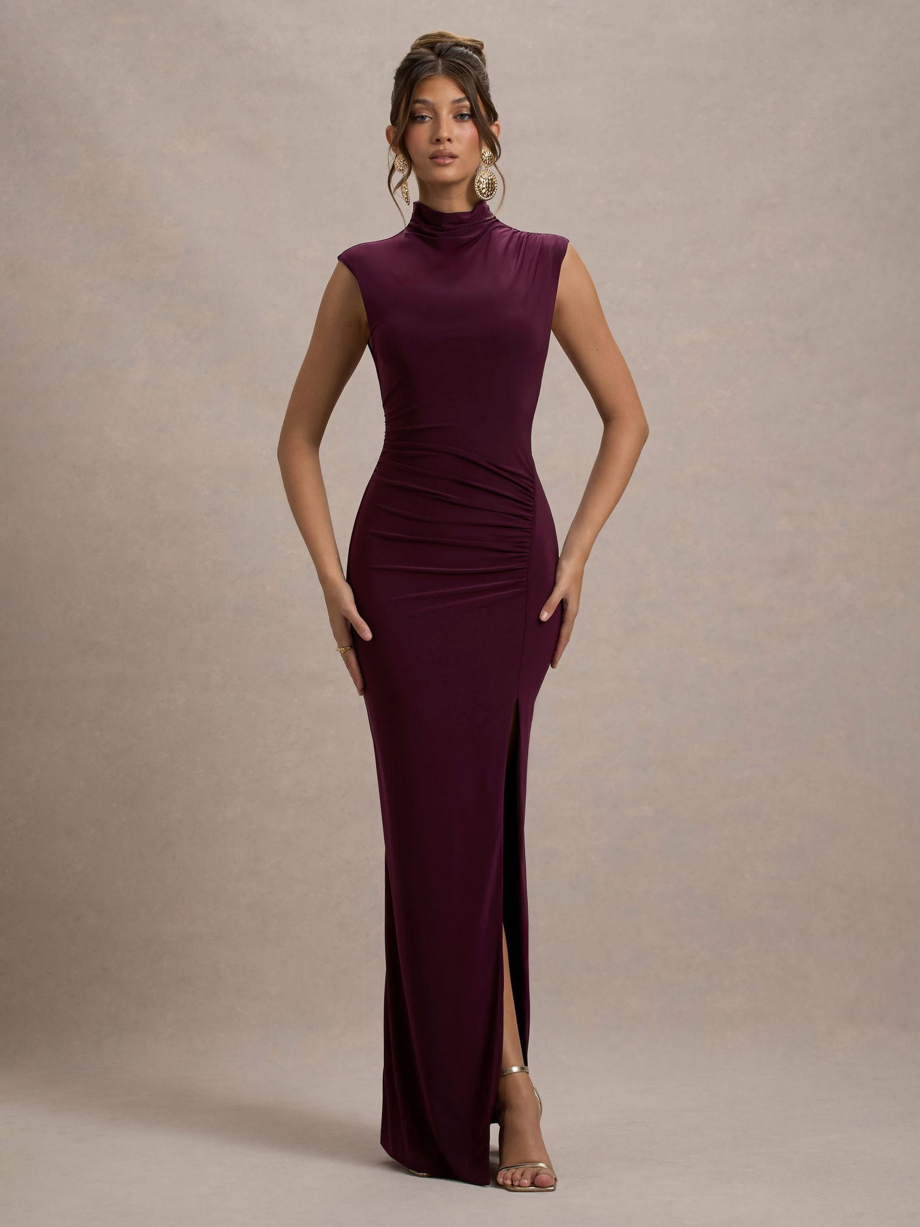 Lanetta | Plum Ruched High-Neck Maxi Dress With Split