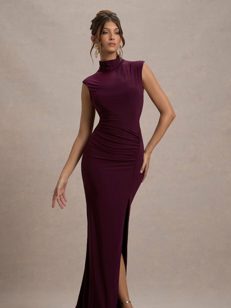 Club L London Purple Lanetta Ruched High-Neck Maxi Dress With Split - Image 2 of 7 Club L London Purple Lanetta Ruched High-Neck Maxi Dress With Split - Image 2 of 7