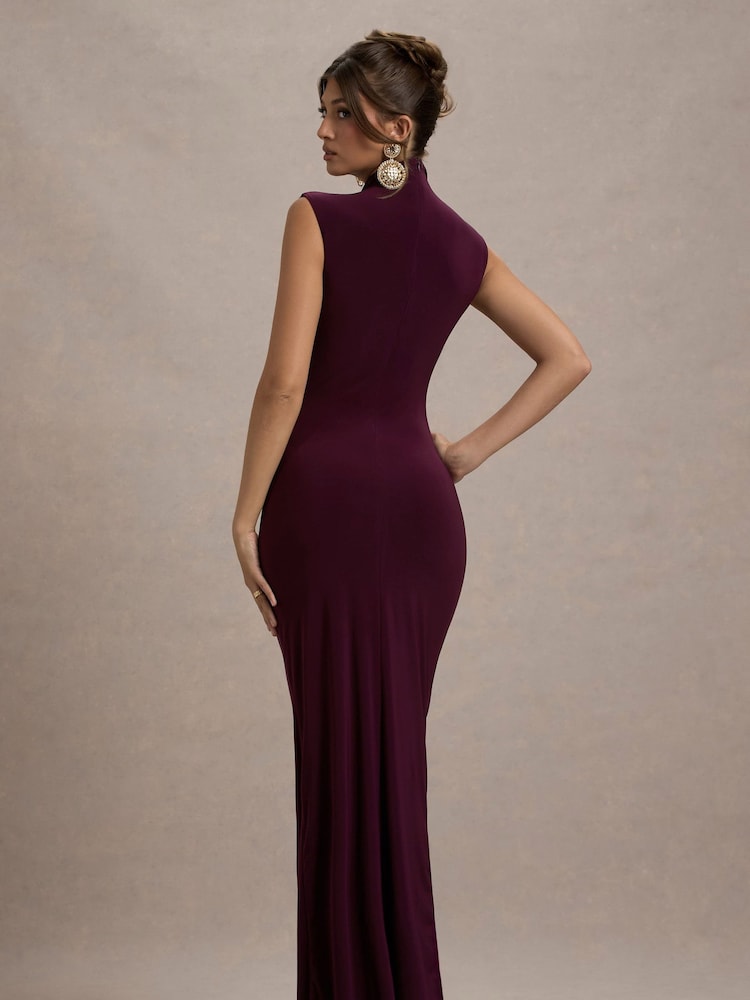 Club L London Purple Lanetta Ruched High-Neck Maxi Dress With Split - Image 6 of 7