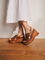 Tan Brown Signature Premium Leather Cross-Over Stud Detail Slingback Platform Clog Wedges - Image 1 of 4