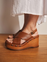 Tan Brown Signature Premium Leather Cross-Over Stud Detail Slingback Platform Clog Wedges - Image 2 of 4